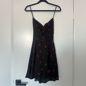 Black Cherry Print Dress Open Front Tie Back